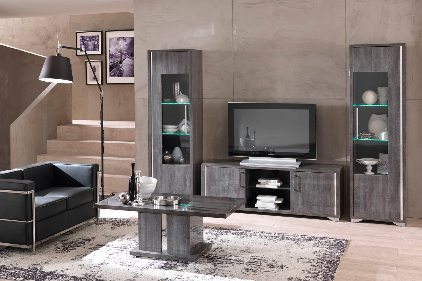 Armony Italian 1 Door Grey Gloss Glass LED Display Cabinet