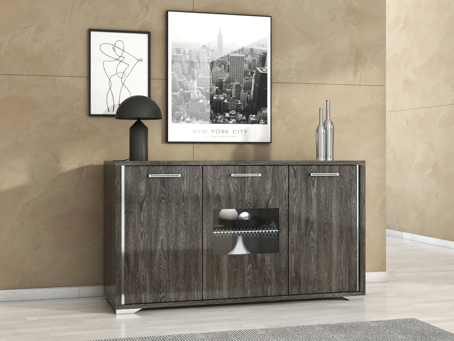 Armony Italian Grey Gloss 3 Door Sideboard with Interior LED Light
