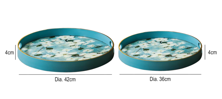 Set of 2 Blue and White Flower Design Round Trays