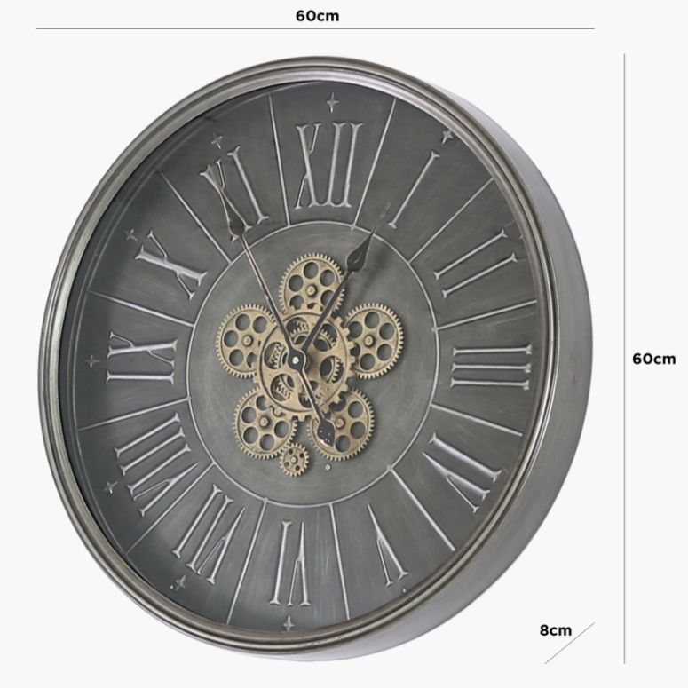 Round 60cm Grey Gears Wall Clock with Roman Numerals