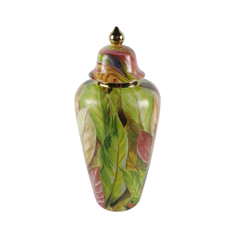 Green and Pink Leaves Ginger Jar