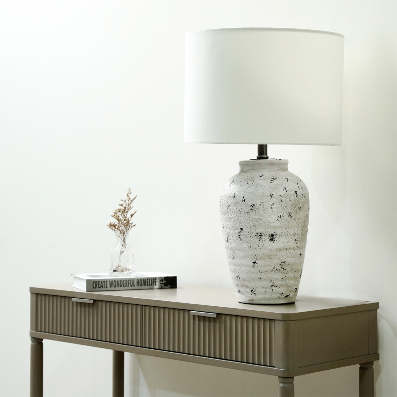 58cm Textured Travertine Polyresin Table Lamp With Linen Shade