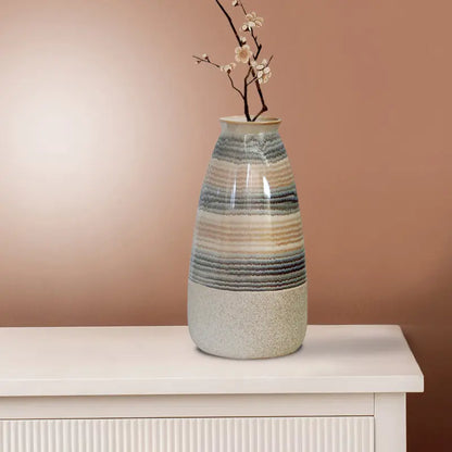 Beige Ceramic Vase with Multicolour Stripes
