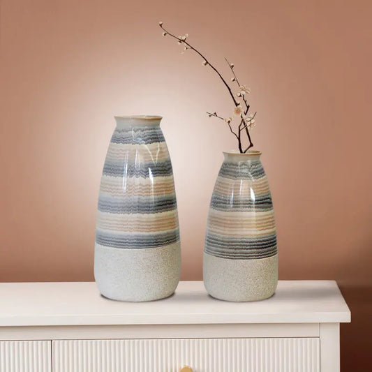 Beige Ceramic Vase with Multicolour Stripes