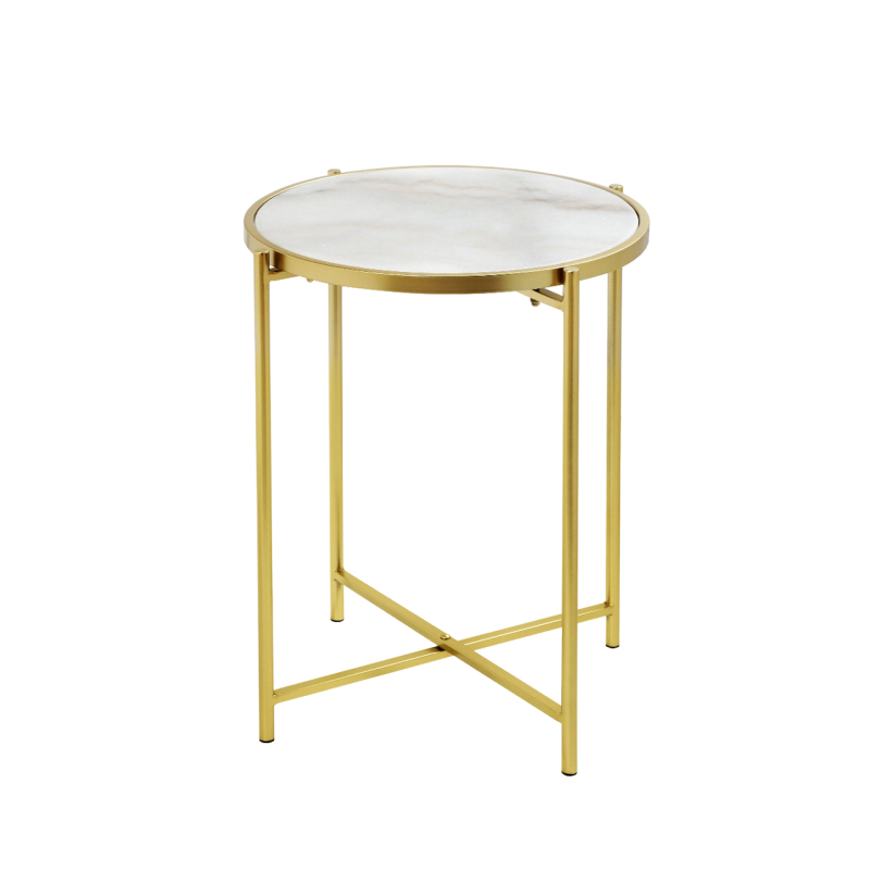 55cm Gold Metal End Table with White Marble Top