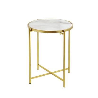 55cm Gold Metal End Table with White Marble Top