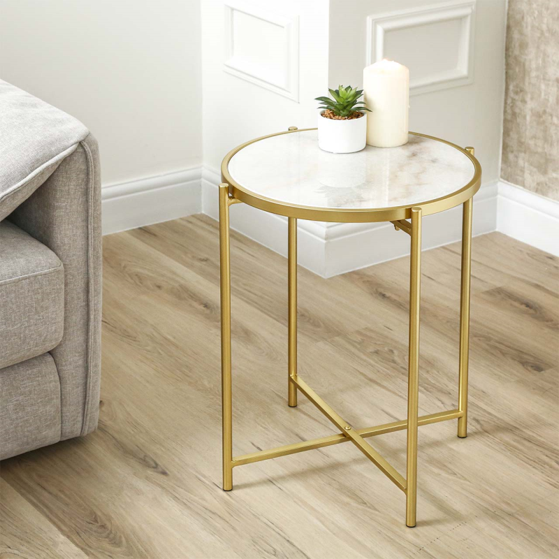 55cm Gold Metal End Table with White Marble Top