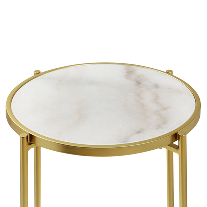 55cm Gold Metal End Table with White Marble Top