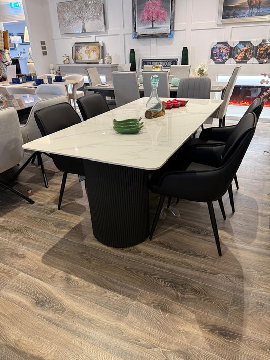 Misty Grey Sintered Stone Dining Table With 6 Black Palermo Chairs