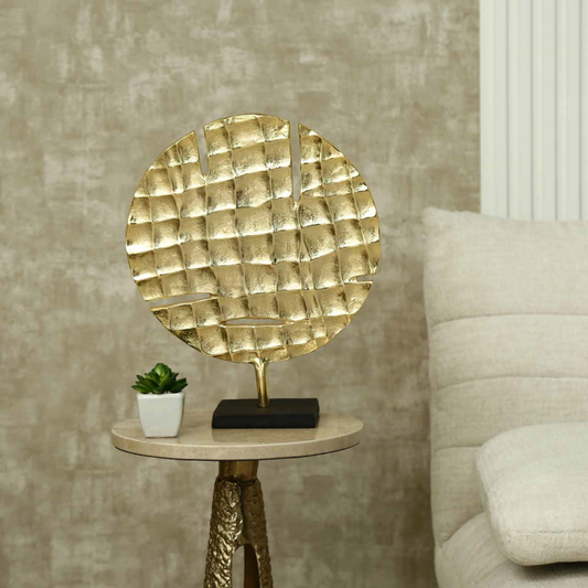 Gold Round Metal Sculpture with Black Base
