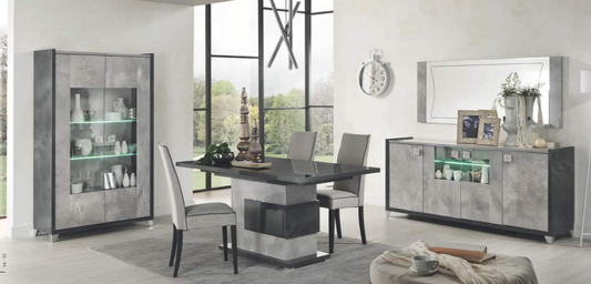 Hilton Italian Grey Gloss Extendable Dining Table With Pedestal Base & 6 Chairs