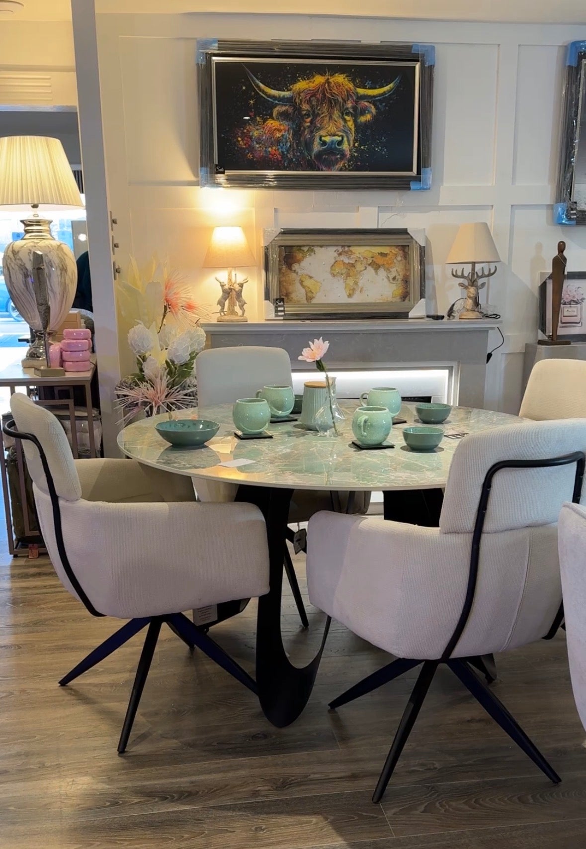 Osaka Round Green & White Dining Table & 4 Polaris Dining Chairs