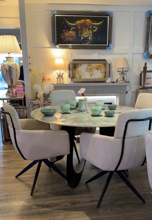 Osaka Round Green & White Dining Table & 4 Polaris Dining Chairs