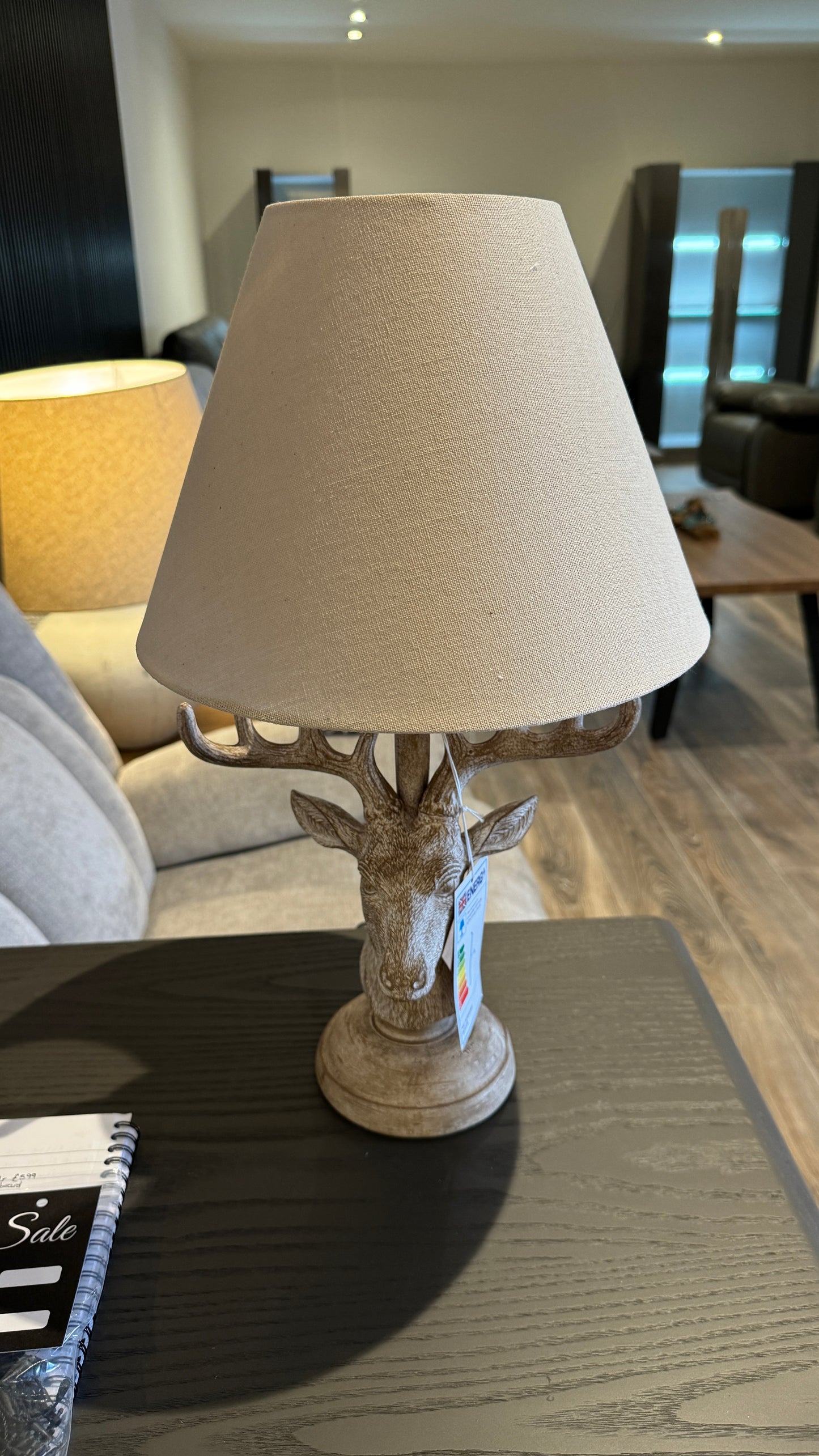 Stonewashed Stag Head Lamp With Linen Shade