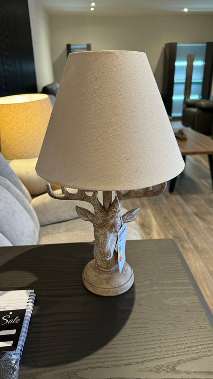 Stonewashed Stag Head Lamp With Linen Shade