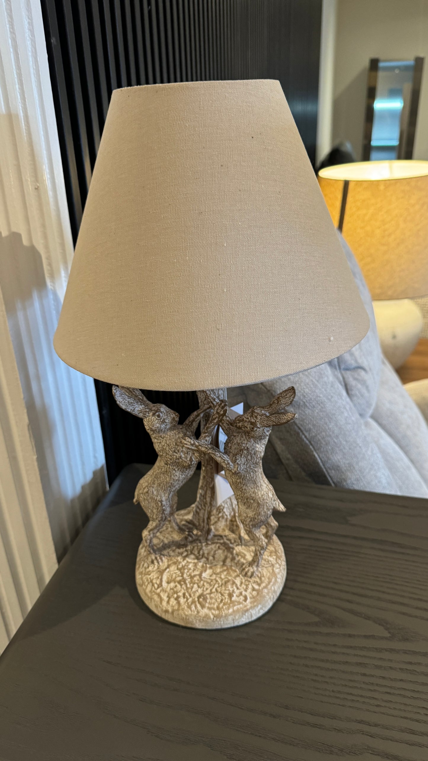 Stonewashed Marching Hares Lamp With Linen Shade