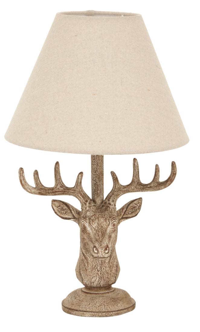 Stonewashed Stag Head Lamp With Linen Shade