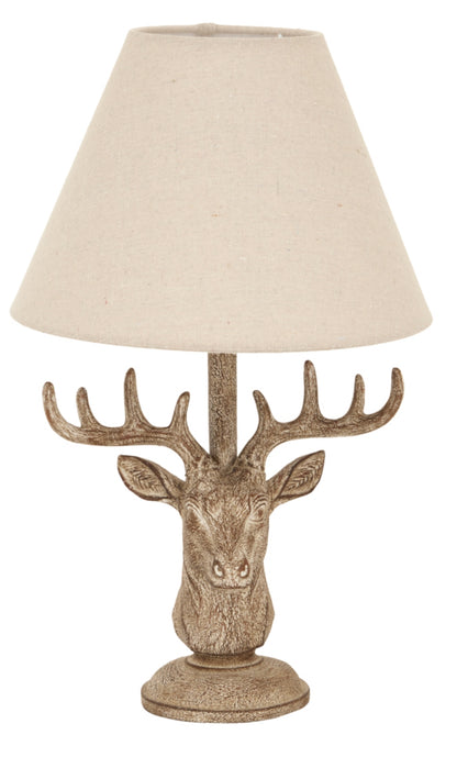 Stonewashed Stag Head Lamp With Linen Shade