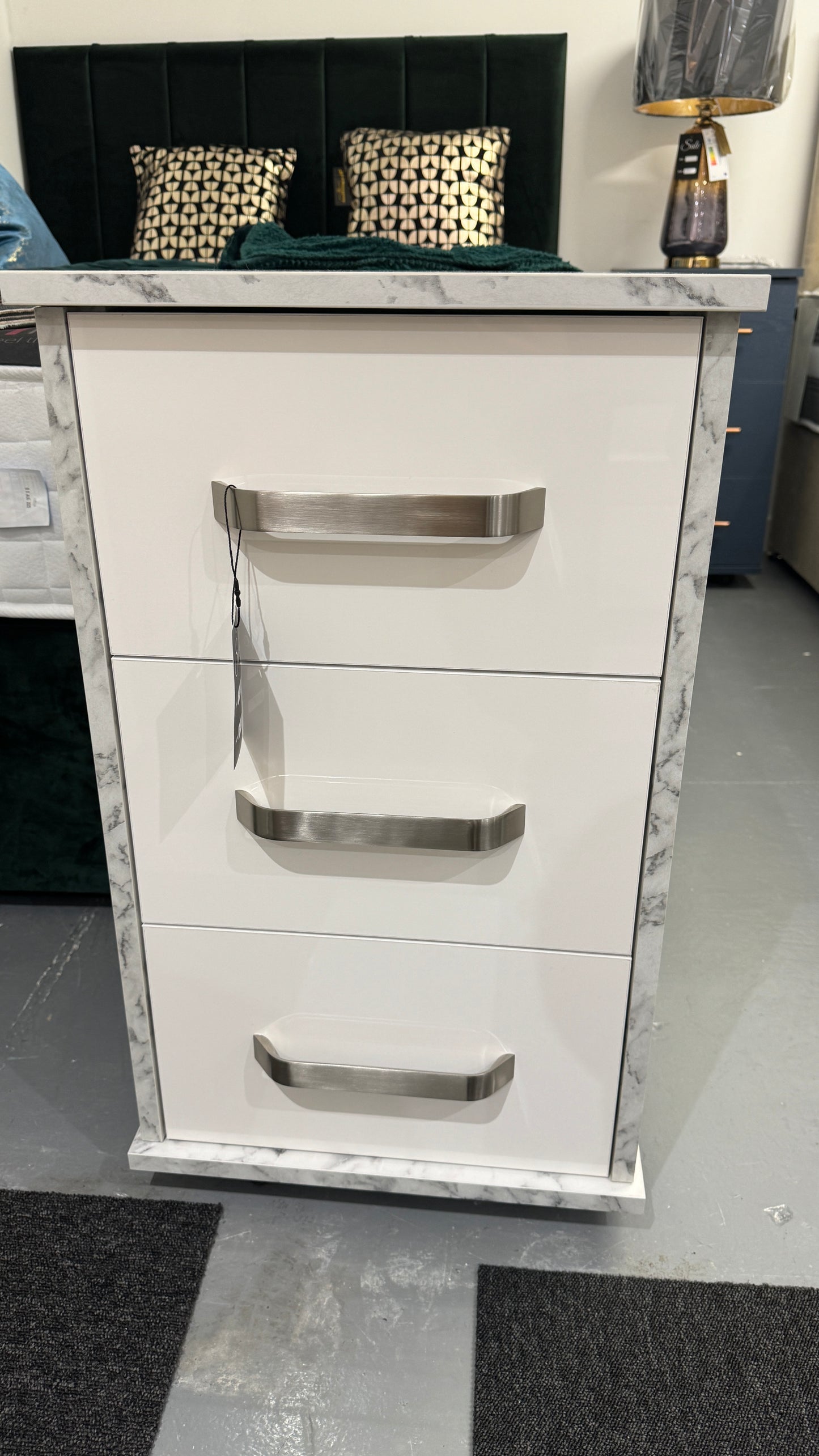 3 Drawer Bedside Cabinet Marble & White Gloss