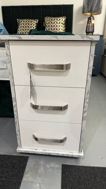 3 Drawer Bedside Cabinet Marble & White Gloss