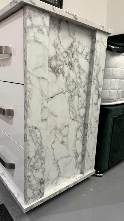 3 Drawer Bedside Cabinet Marble & White Gloss