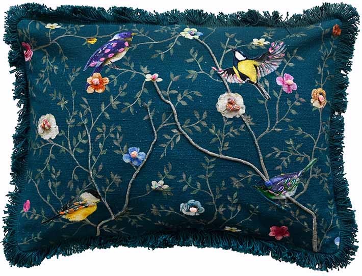 Birdsong Pretty Birds Embellished Cushion Teal Blue