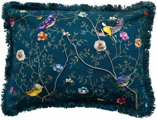 Birdsong Pretty Birds Embellished Cushion Teal Blue