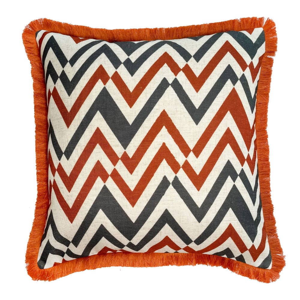 Zig Zag Emb With Fringe Rust Cushion