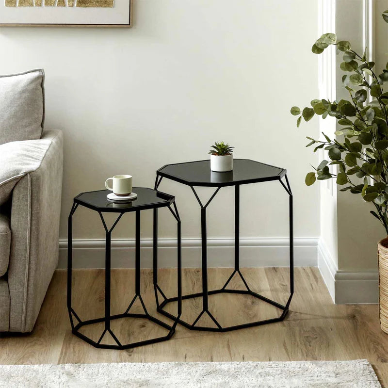Set of 2 Black Metal Nesting Table with Black Mirror Top