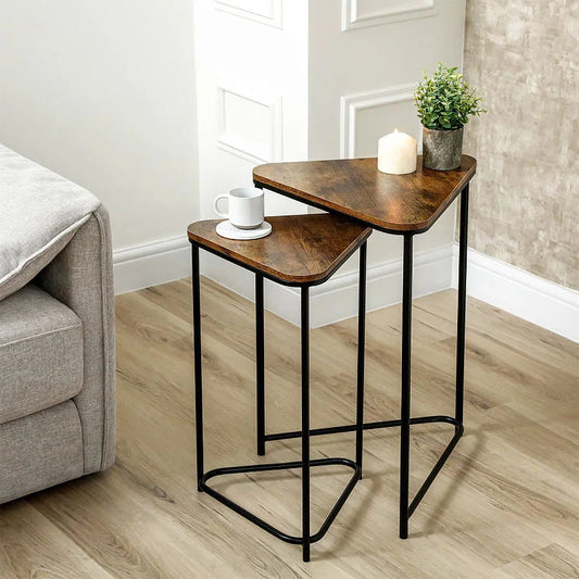 Set of 2 Black Metal Nesting Tables with Brown Wooden Top