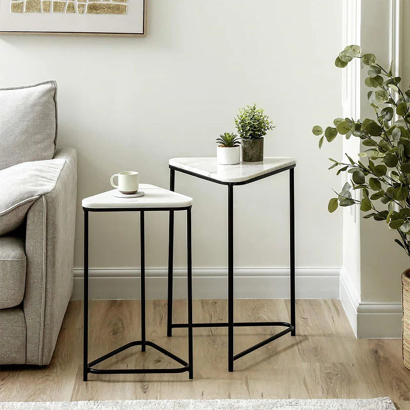 Set of 2 Black Metal Nesting Tables with White Marble Top