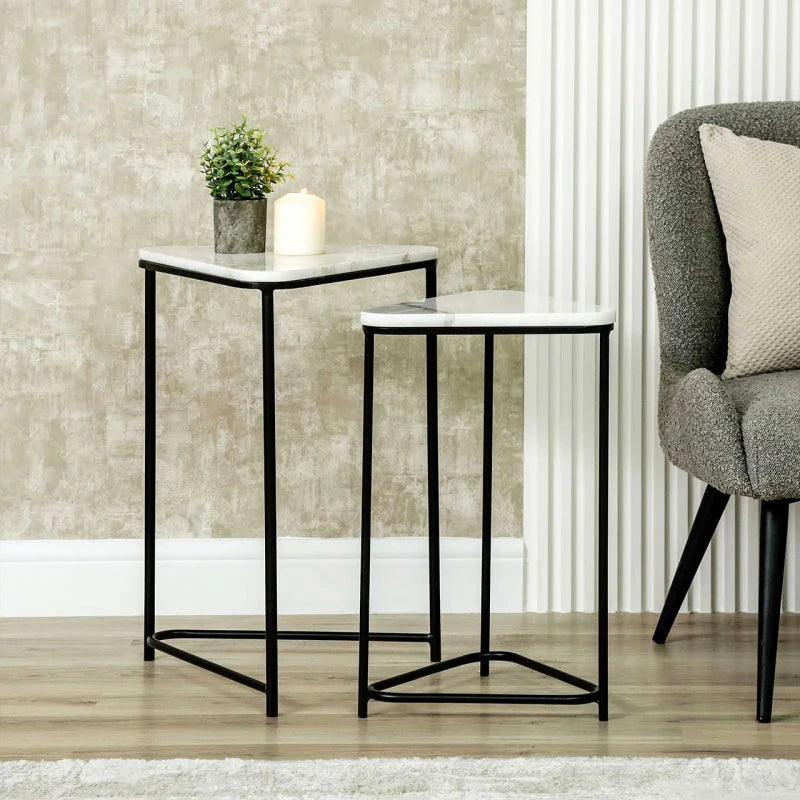 Set of 2 Black Metal Nesting Tables with White Marble Top
