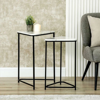 Set of 2 Black Metal Nesting Tables with White Marble Top