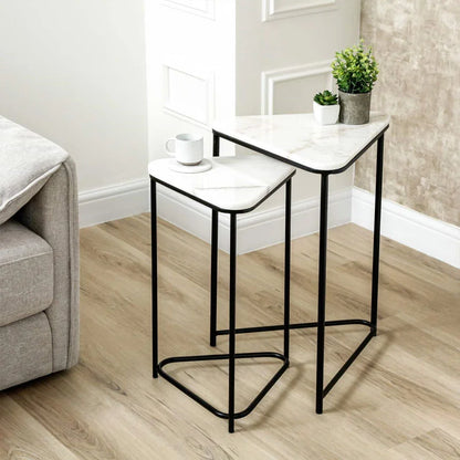 Set of 2 Black Metal Nesting Tables with White Marble Top