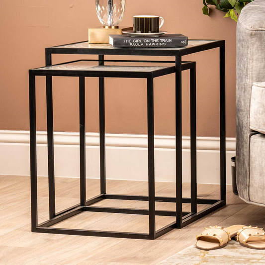 Set of 2 Black Metal Nesting Tables with White Spiral Top
