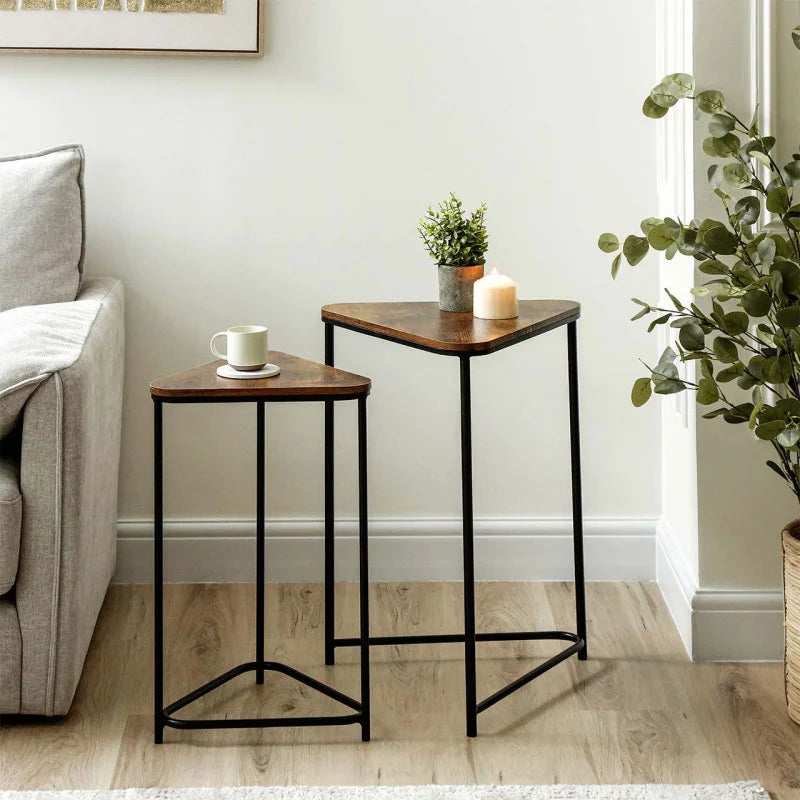 Set of 2 Black Metal Nesting Tables with Brown Wooden Top