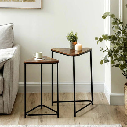 Set of 2 Black Metal Nesting Tables with Brown Wooden Top