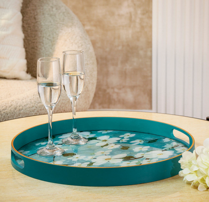 Set of 2 Blue and White Flower Design Round Trays