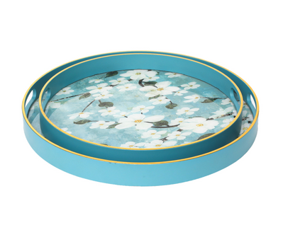 Set of 2 Blue and White Flower Design Round Trays