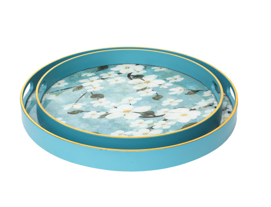 Set of 2 Blue and White Flower Design Round Trays