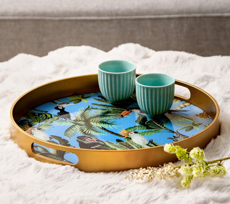 Set of 2 Gold Blue Green Round Trays