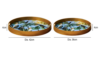 Set of 2 Gold Blue Green Round Trays