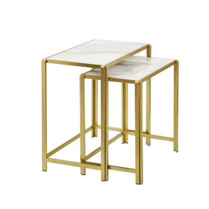 Set of 2 Gold Metal Nesting Table with White Marble Top