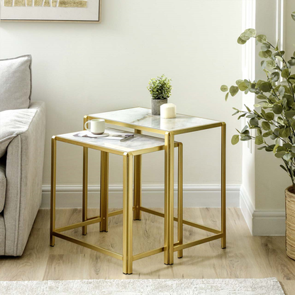Set of 2 Gold Metal Nesting Table with White Marble Top