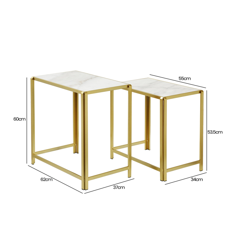 Set of 2 Gold Metal Nesting Table with White Marble Top