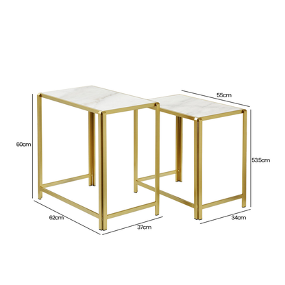 Set of 2 Gold Metal Nesting Table with White Marble Top