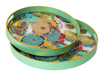 Set of 2 Mint Green Flower Round Trays