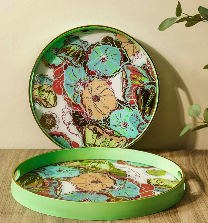 Set of 2 Mint Green Flower Round Trays