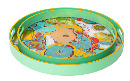 Set of 2 Mint Green Flower Round Trays