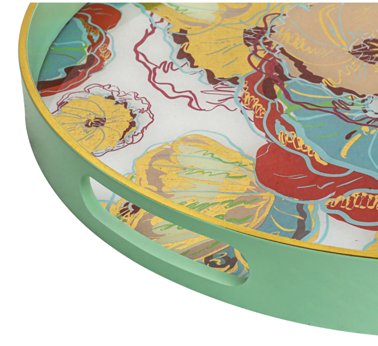 Set of 2 Mint Green Flower Round Trays